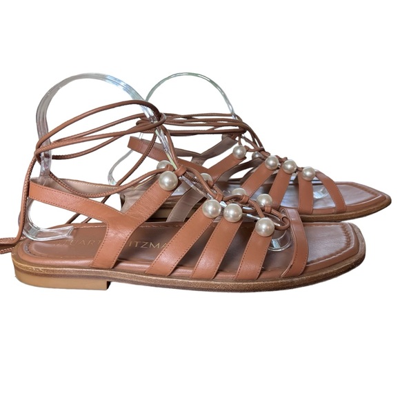 Stuart Weitzman Goldie Lace-Up Pearl Embellished Sandal Size 10AA - Picture 3 of 12